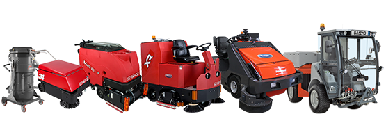 Lineup of an industrial vac system, Factory Cat Sweeper & Floor Scrubber, Rider PowerBoss Sweeper, and Hako CityMaster Multi-Use Vehicle